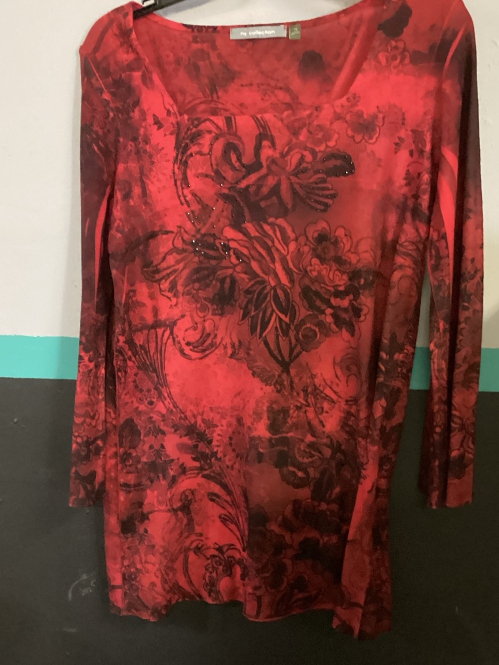 NY Collection Red Floral Velvet Scoop-Neck Sweater